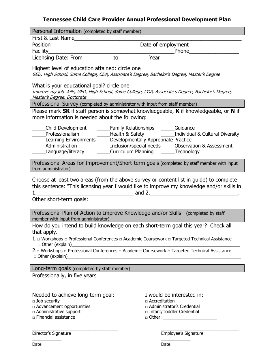 Tennessee Child Care Provider Annual Professional Development Plan - Tennessee, Page 1