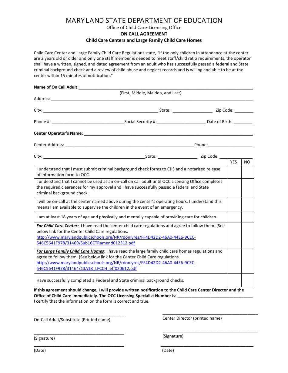 On Call Agreement - Maryland, Page 1
