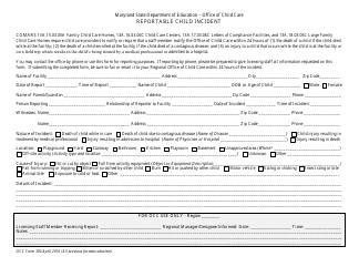 OCC Form 300 &quot;Reportable Child Incident&quot; - Maryland