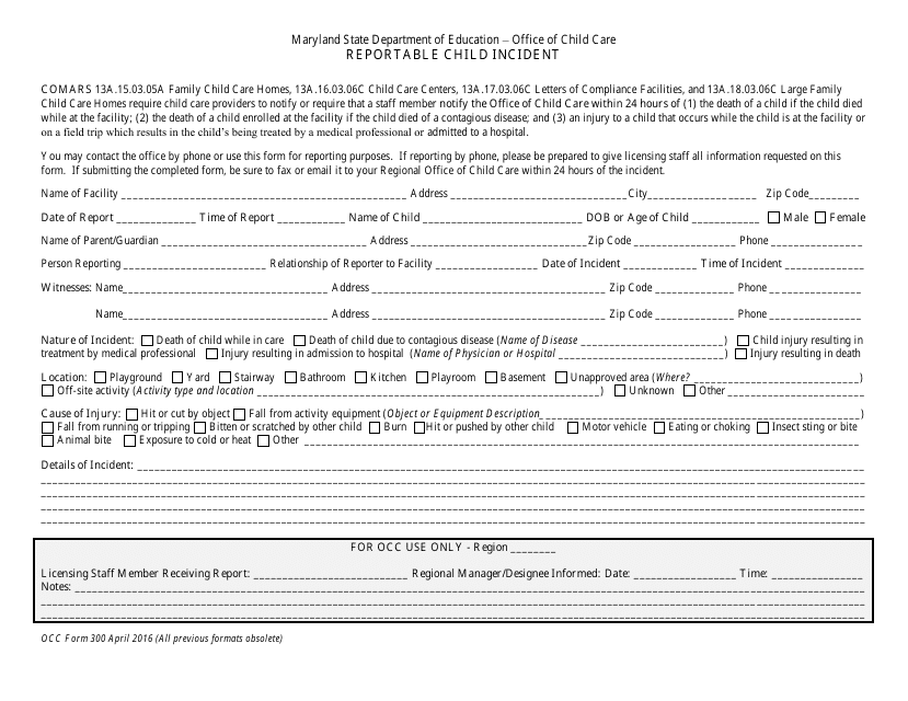 OCC Form 300 Reportable Child Incident - Maryland