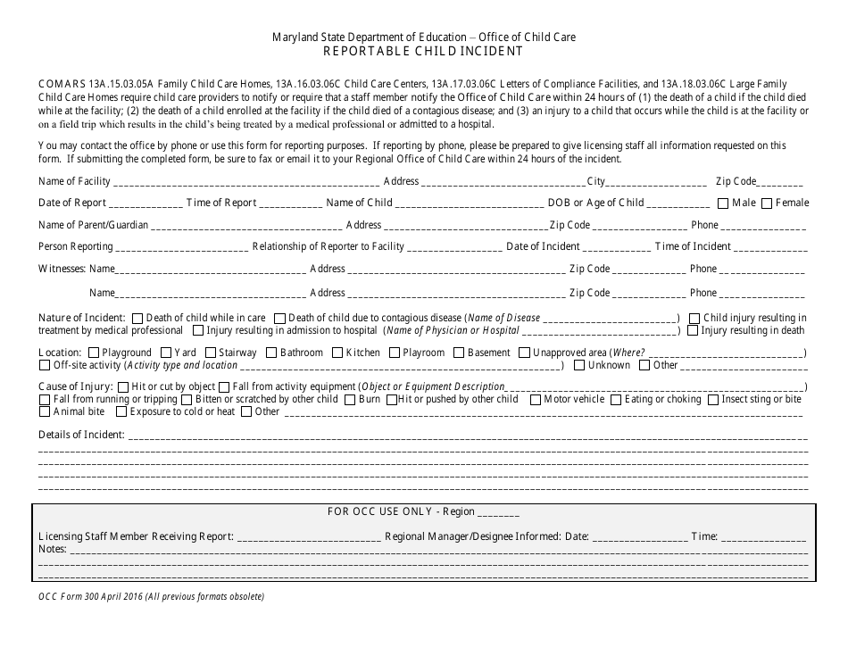 OCC Form 300 Reportable Child Incident - Maryland, Page 1