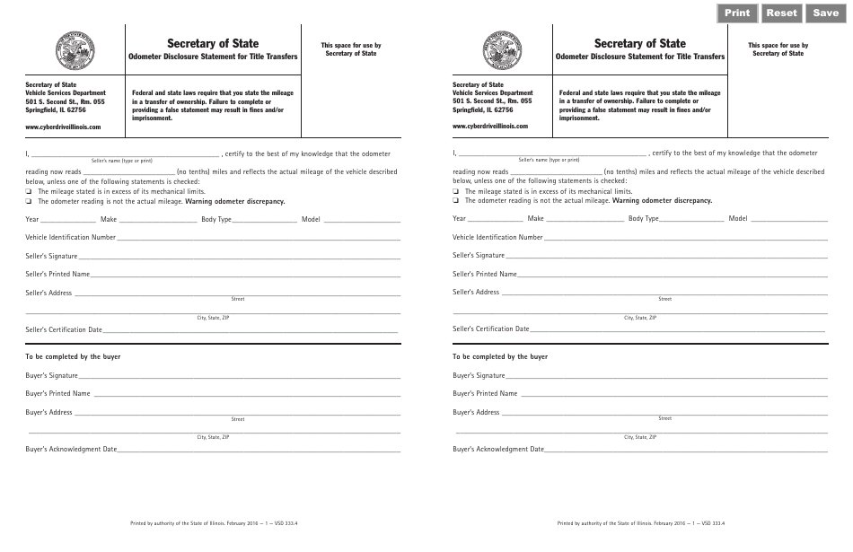 Form VSD333.4 Odometer Disclosure Statement for Title Transfers - Illinois, Page 1