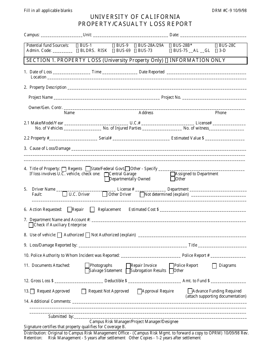 Property / Casualty Loss Report Form - University of California, Page 1