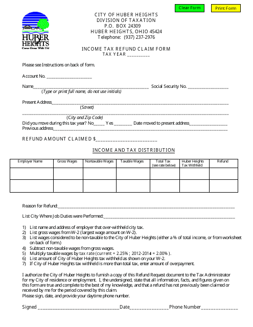 Income Tax Refund Claim Form - Huber Heights, Ohio Download Pdf