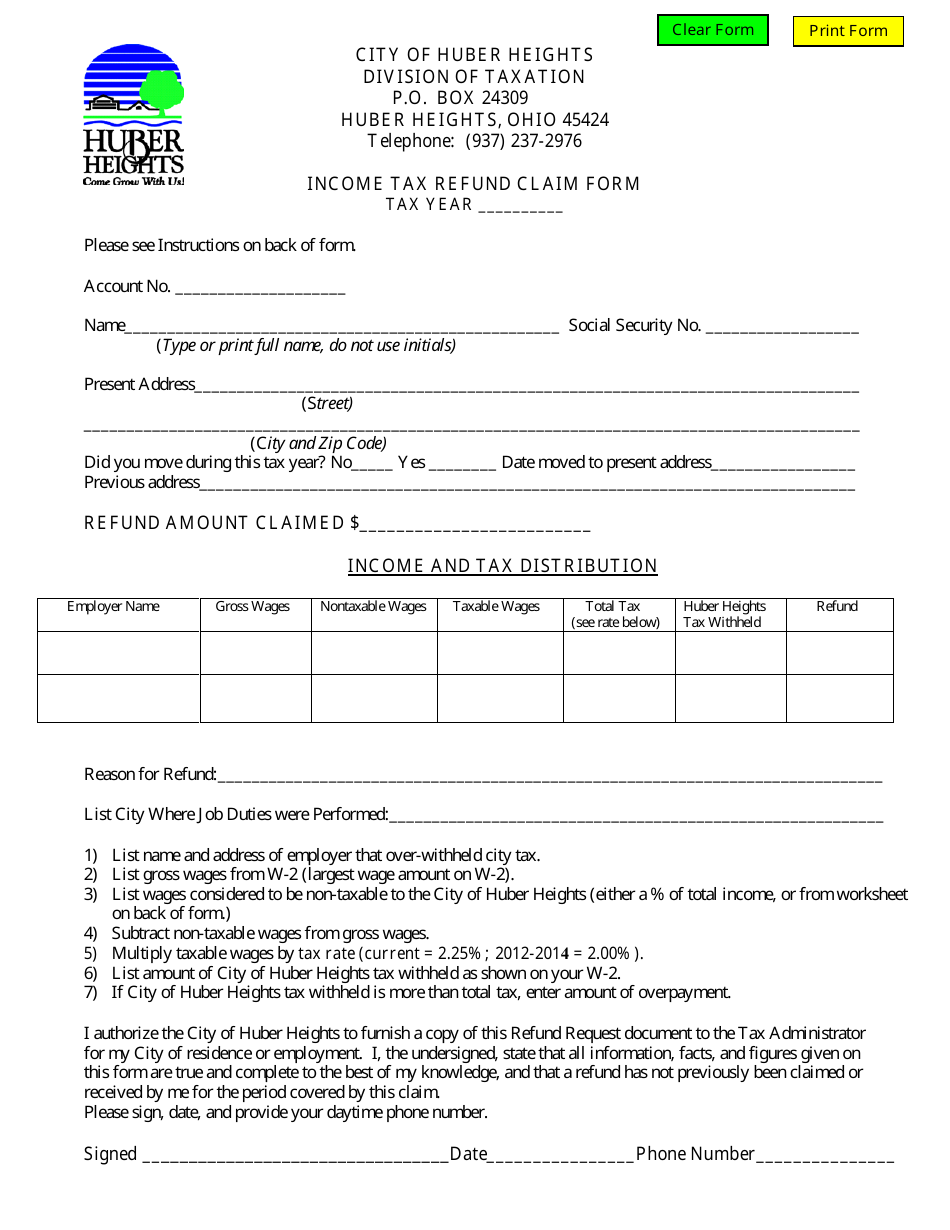 Income Tax Refund Claim Form - Huber Heights, Ohio, Page 1