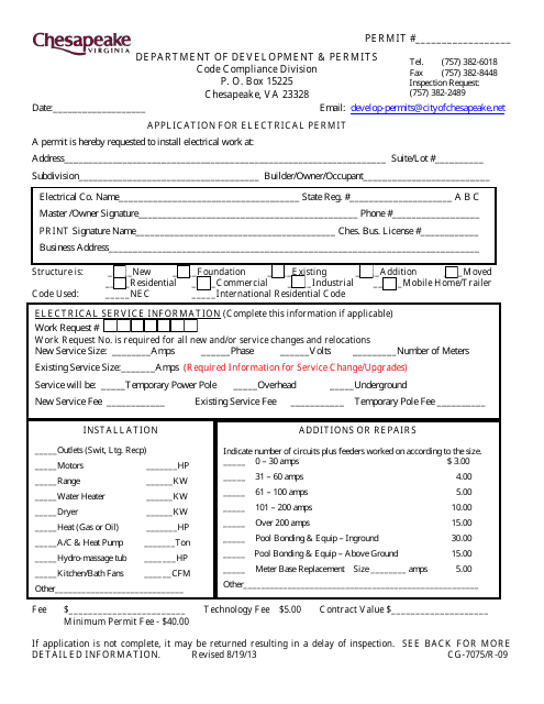 Form CG-7075 Application for Electrical Permit - City of Chesapeake, Virginia
