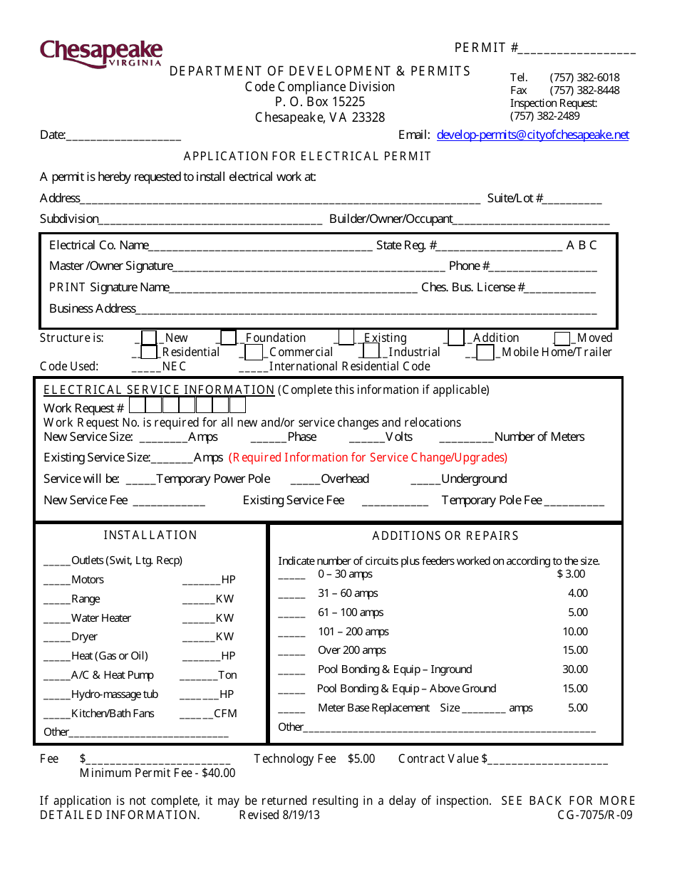 Form CG-7075 Application for Electrical Permit - City of Chesapeake, Virginia, Page 1