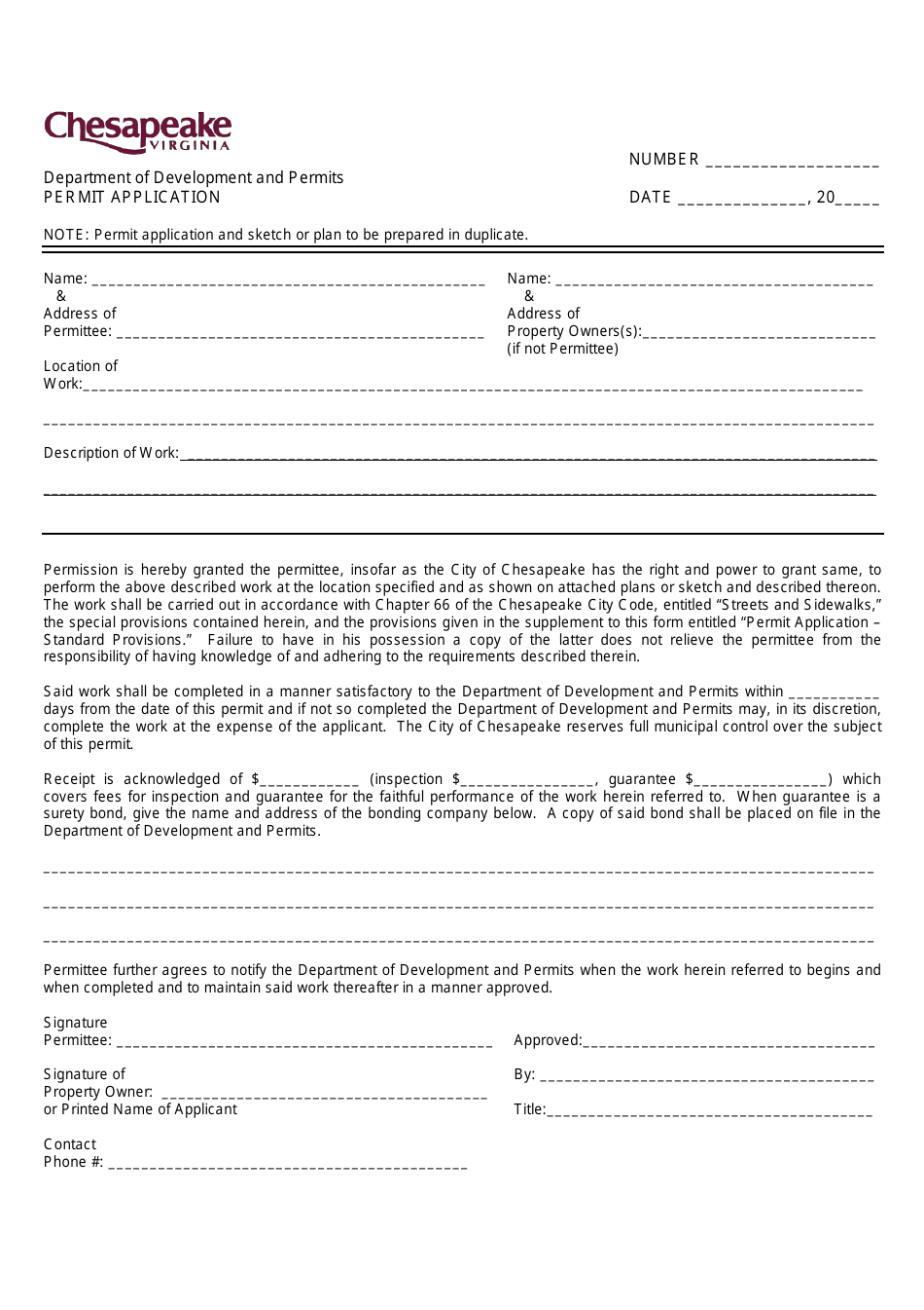 Permit Application Form - City of Chesapeake, Virginia, Page 1