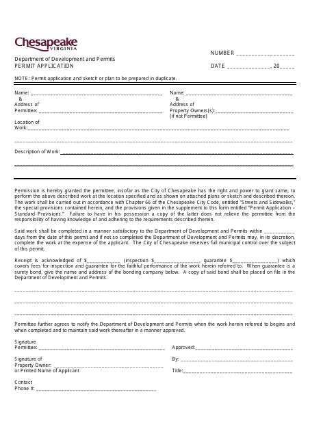 Permit Application Form - City of Chesapeake, Virginia Download Pdf
