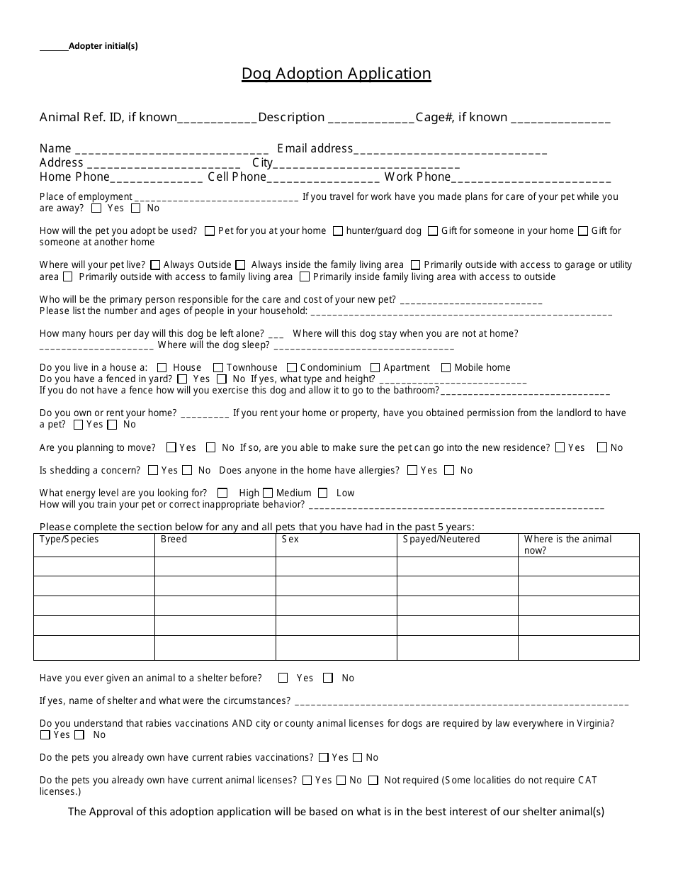 Virginia Dog Adoption Application Form - Chesapeake Animal Services  Download Printable PDF | Templateroller