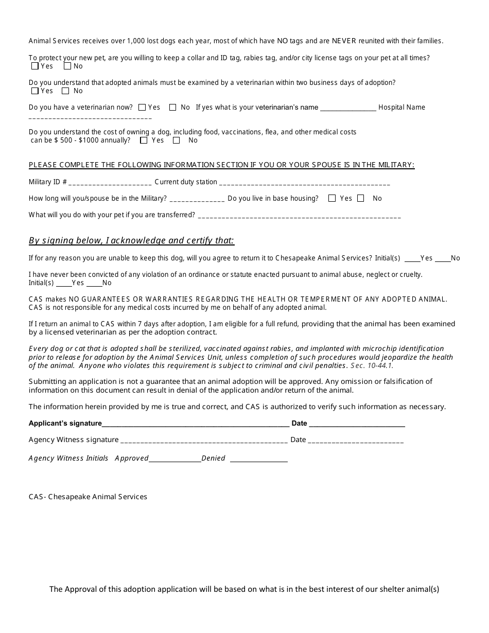 Virginia Dog Adoption Application Form - Chesapeake Animal Services ...