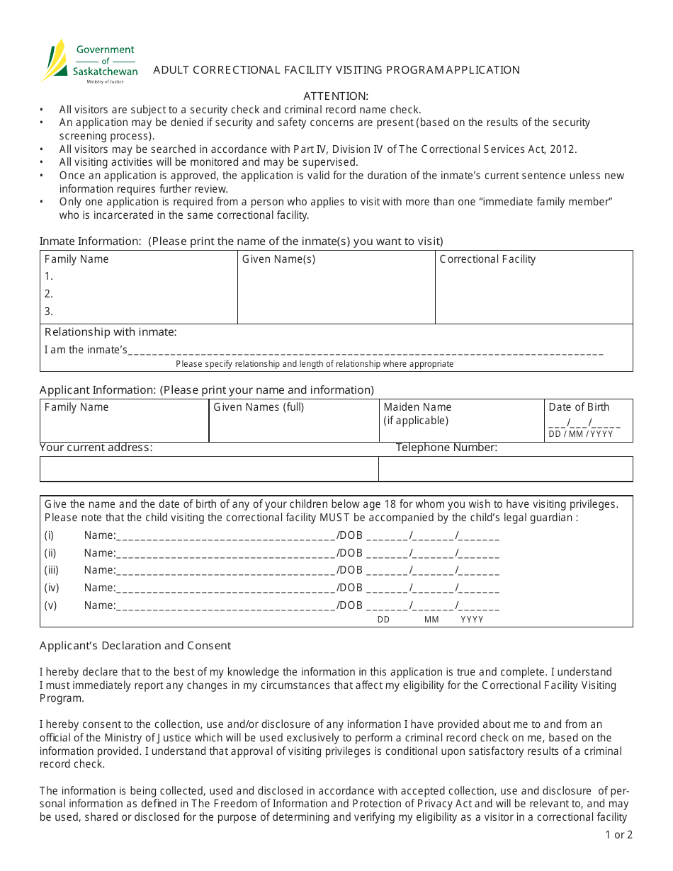 Adult Correctional Facility Visiting Program Application Form - Saskatchewan, Canada, Page 1