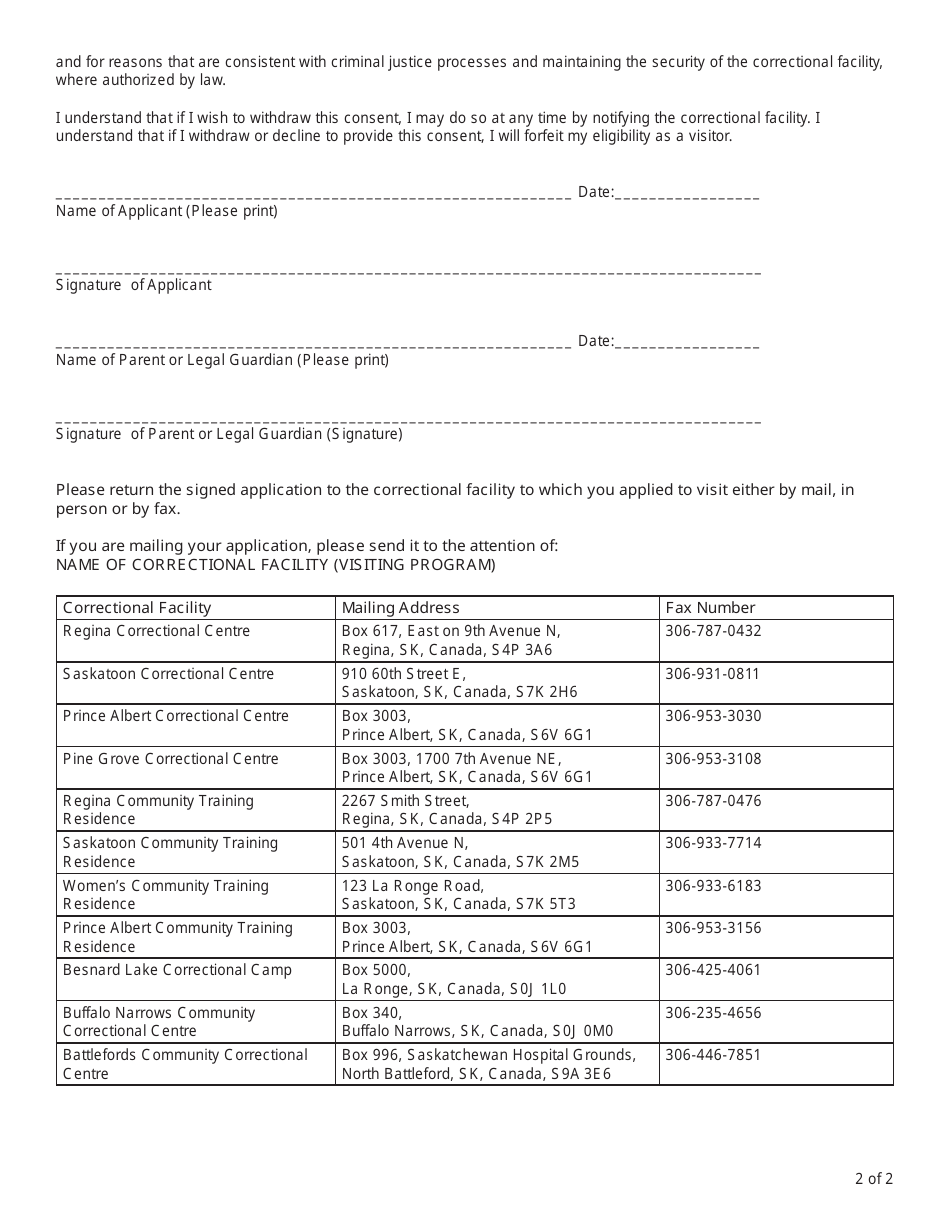 Adult Correctional Facility Visiting Program Application Form - Saskatchewan, Canada, Page 2