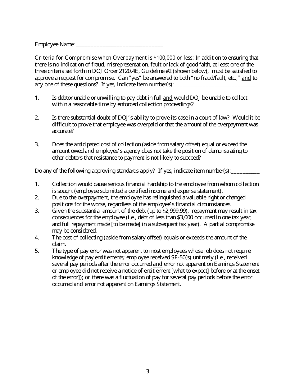 Form DOJ-JMD-FS-2 Investigation Report for Request to Compromise a Claim for a Debt Owed to Doj by an Employee, Page 3
