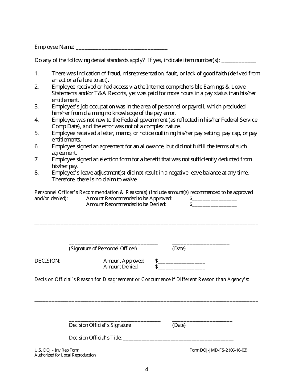 Form DOJ-JMD-FS-2 Investigation Report for Request to Compromise a Claim for a Debt Owed to Doj by an Employee, Page 4
