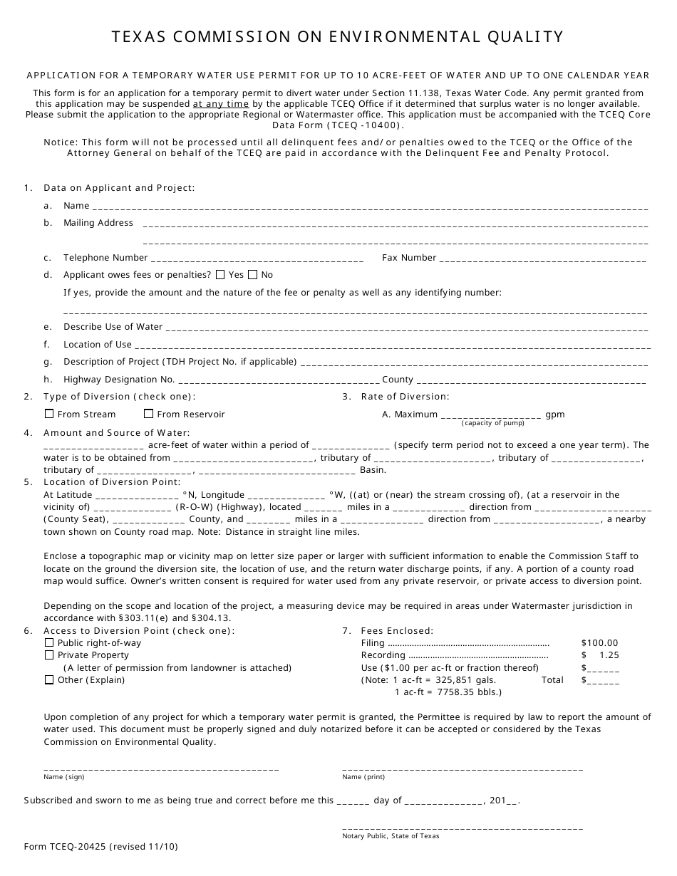 Form TCEQ-20425 Application for a Temporary Water Use Permit for up to 10-acre-Feet of Water and up to One Calendar Year - Texas, Page 1