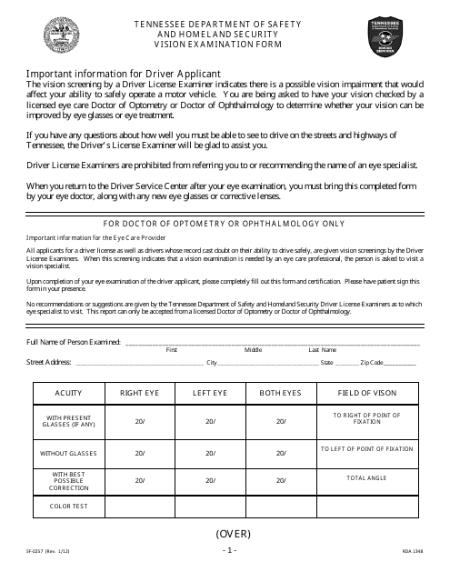 Form SF-0257 Vision Examination Form - Tennessee