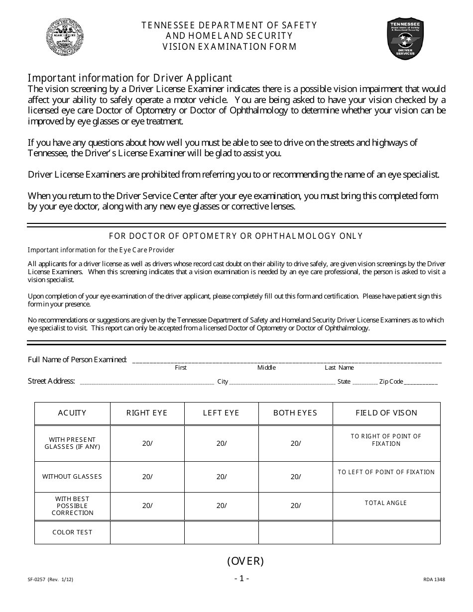 Form SF-0257 Vision Examination Form - Tennessee, Page 1