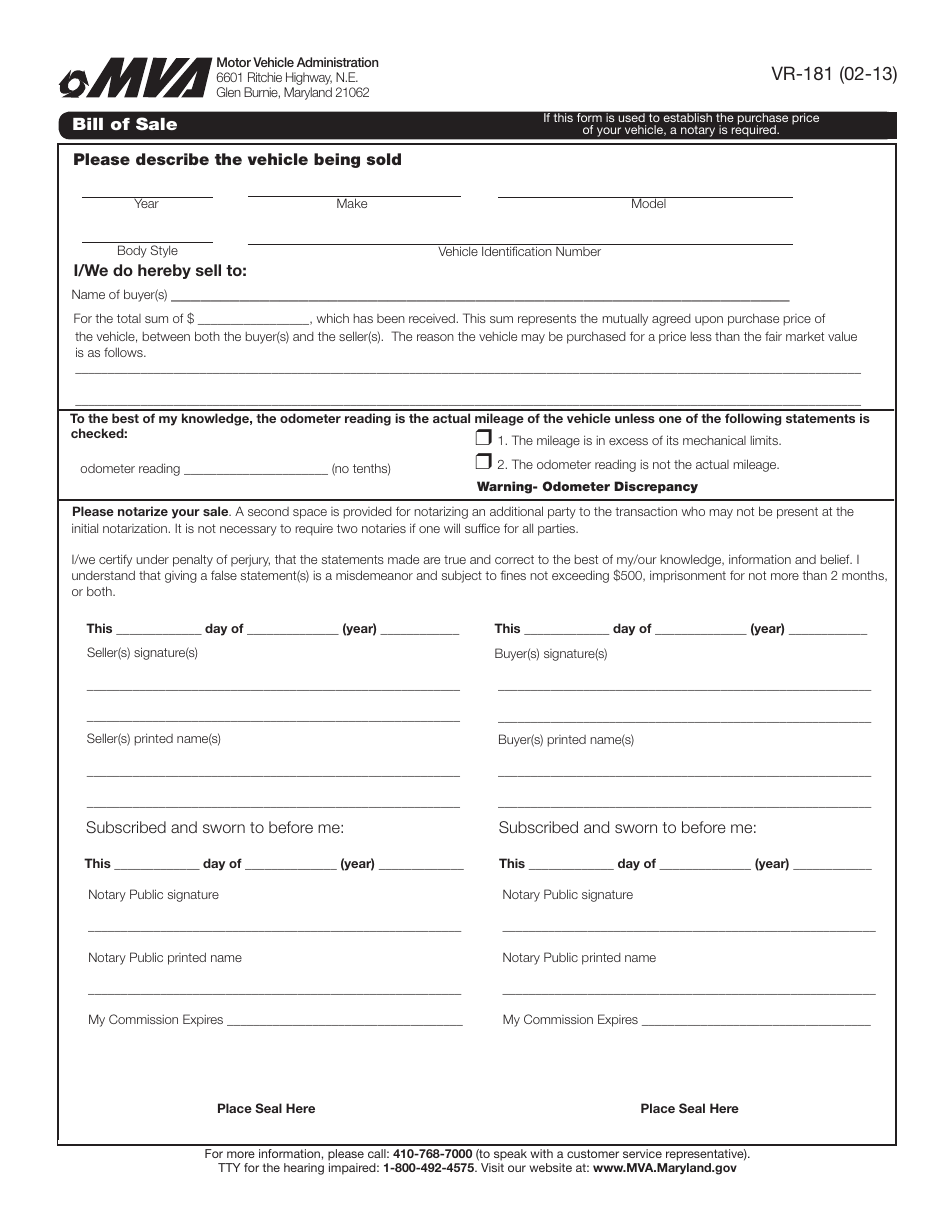 Form VR-181 Bill of Sale - Maryland, Page 1