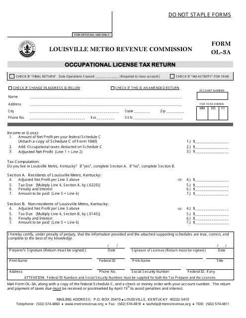 Form OL-3a Occupational License Tax Return - Louisville, Kentucky