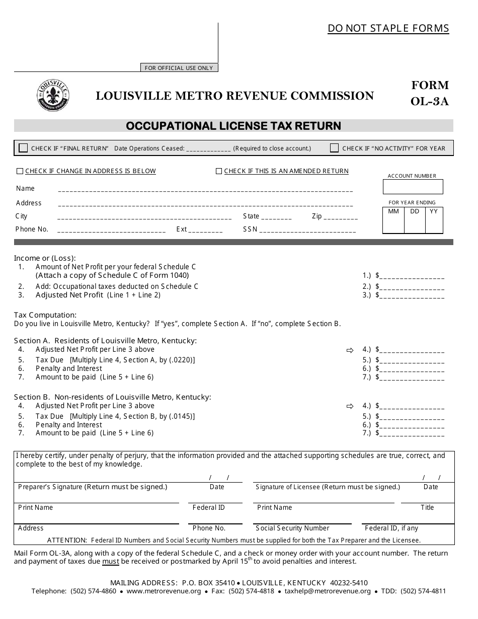 Form OL-3a Occupational License Tax Return - Louisville, Kentucky, Page 1