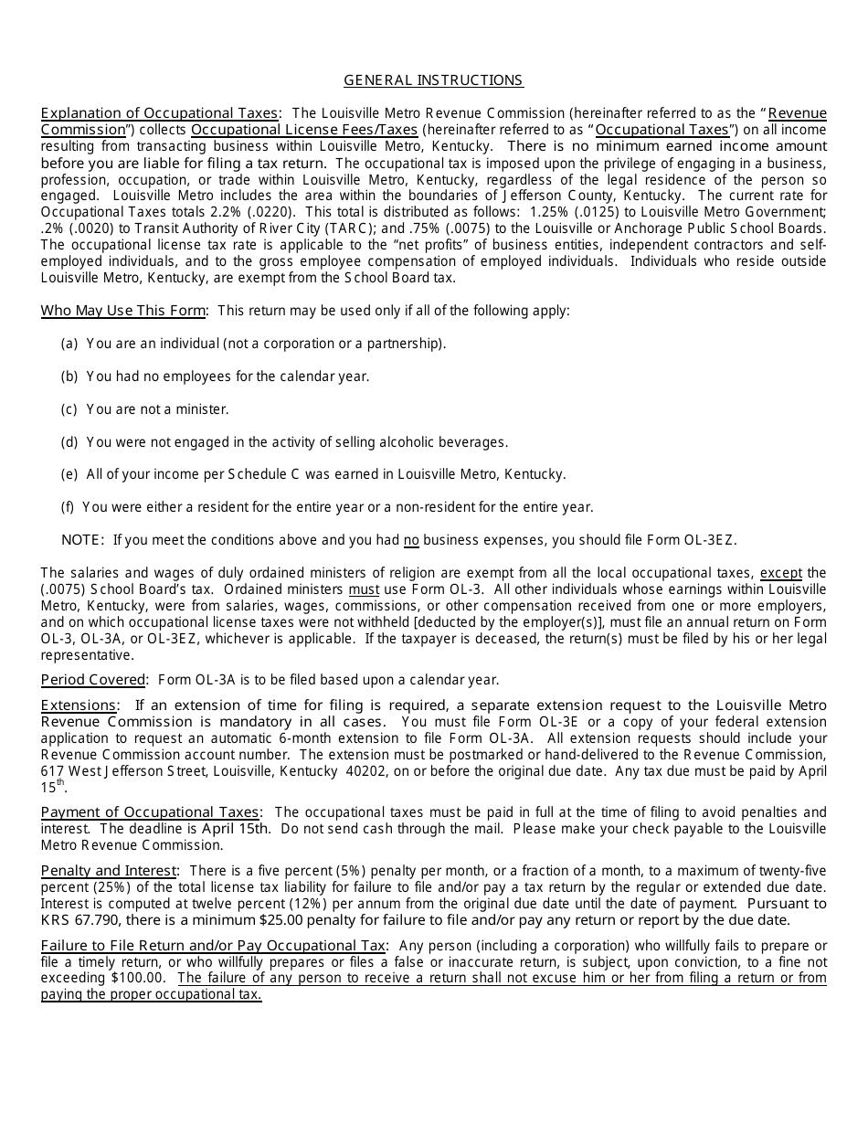 Form OL-3a Occupational License Tax Return - Louisville, Kentucky, Page 2