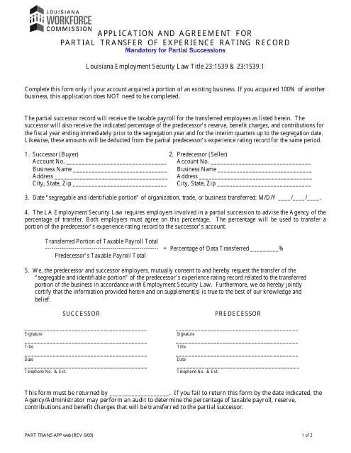 Application and Agreement for Partial Transfer of Experience Rating Record - Louisiana