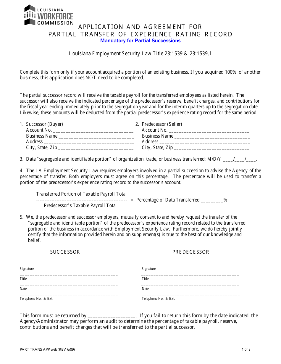 Application and Agreement for Partial Transfer of Experience Rating Record - Louisiana, Page 1