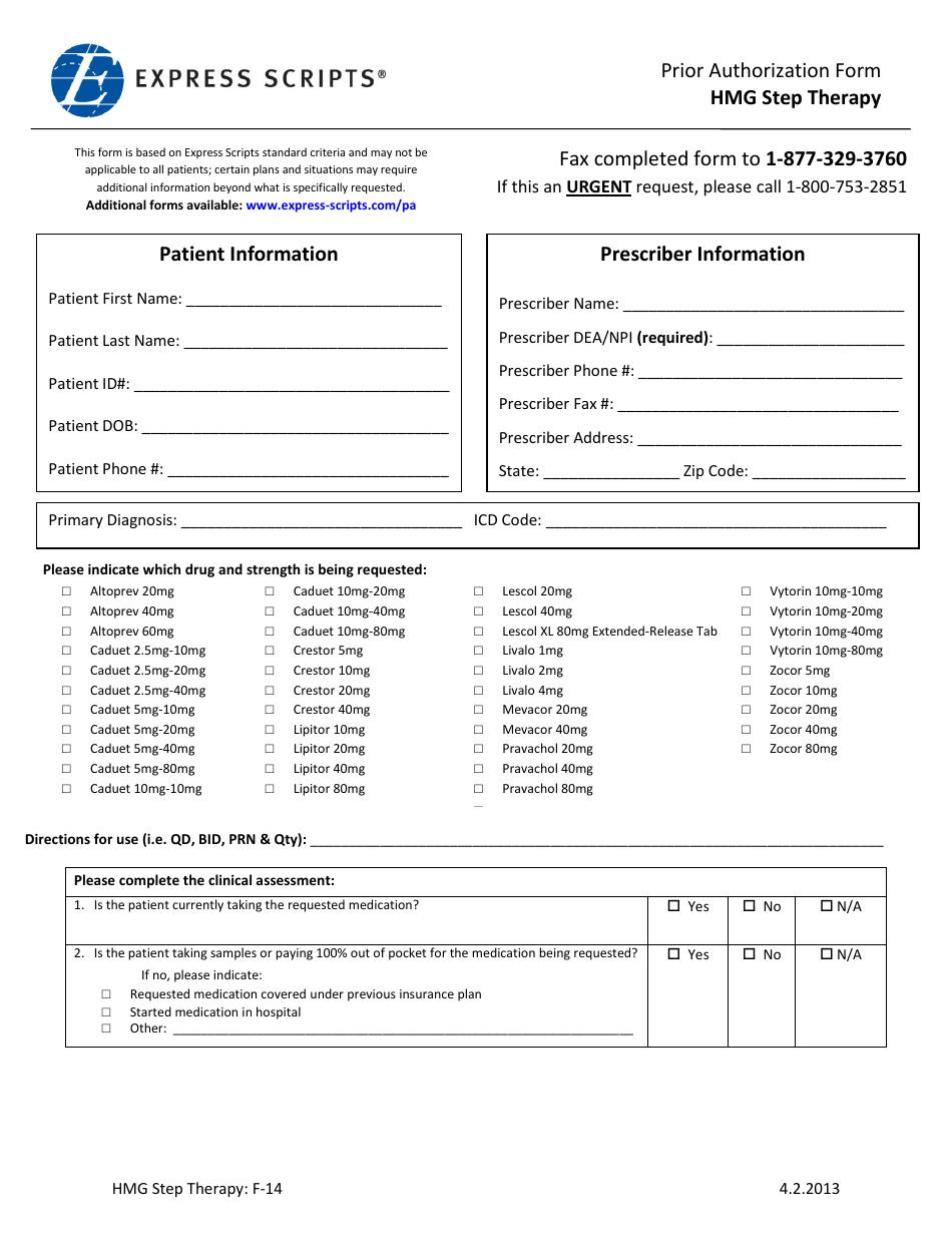Form F14 Prior Authorization Form - Hmg Step Therapy - Express Scripts, Page 1