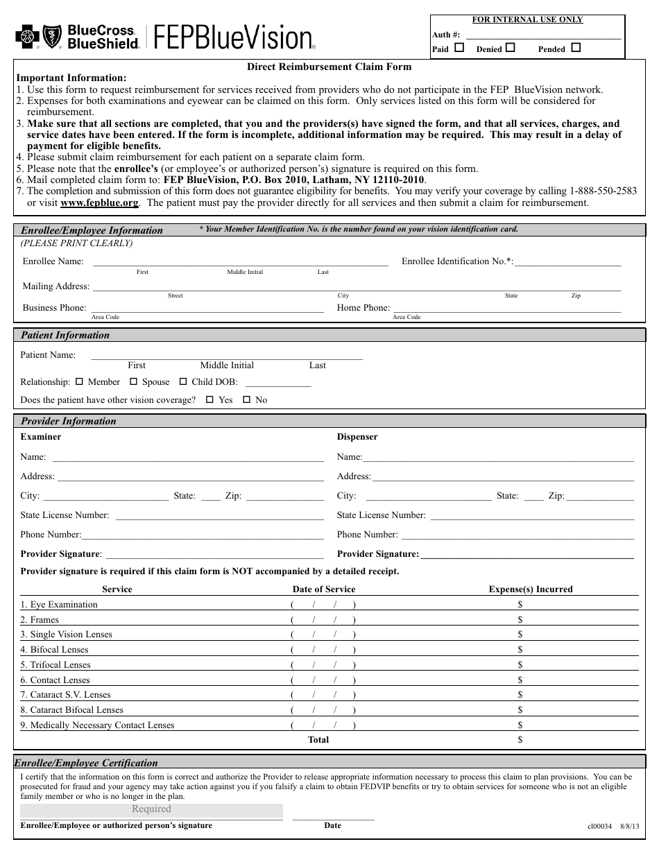 Form CL00034 Direct Reimbursement Claim Form - Fep Bluevision - New York, Page 1