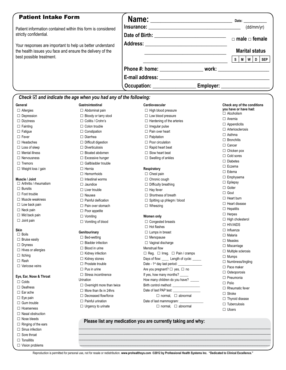 Patient Intake Form - Professional Health Systems, Page 1