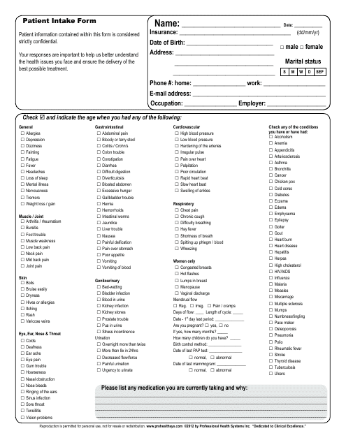 Patient Intake Form - Professional Health Systems Download Pdf