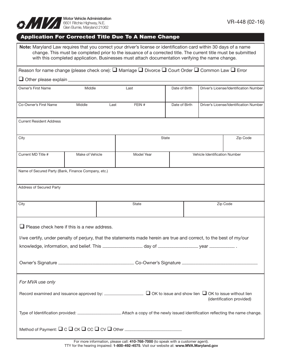 Form VR-448 Application for a Corrected Title Due to a Name Change - Maryland, Page 1