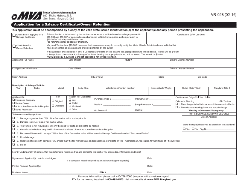 Form VR-028 Application for Salvage Certificate/Owner Retention - Maryland
