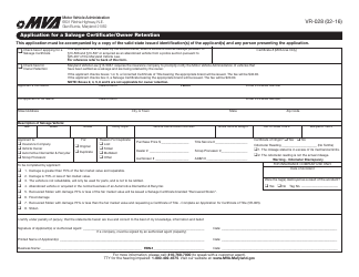 Form VR-028 Application for Salvage Certificate/Owner Retention - Maryland