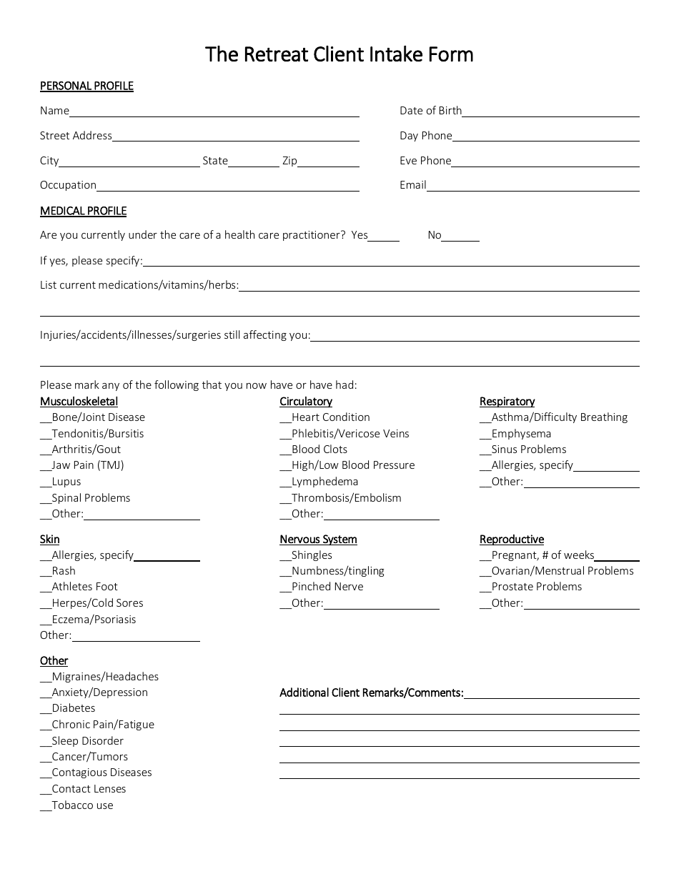 Client Intake Form - the Retreat Durham, Page 1