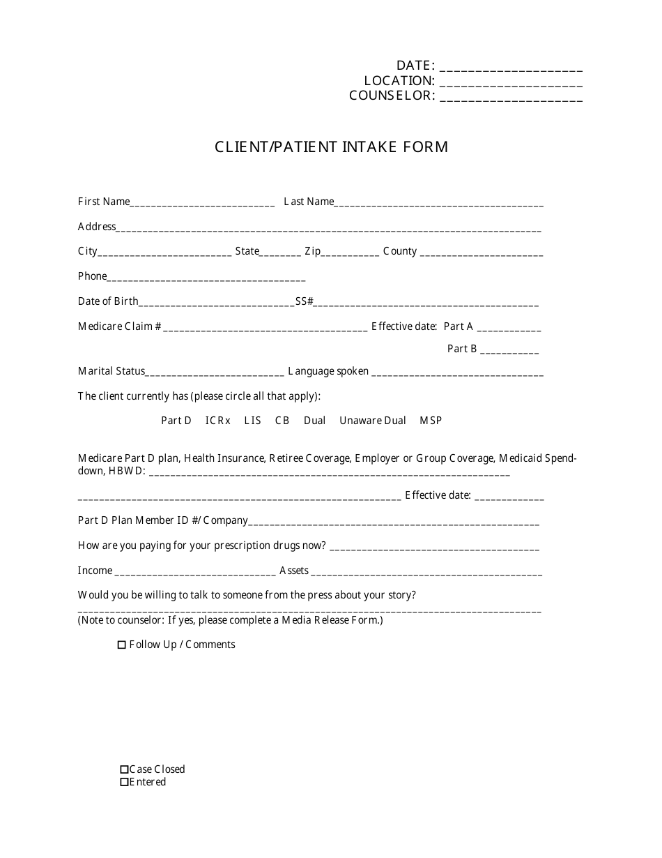 Client / Patient Intake Form, Page 1