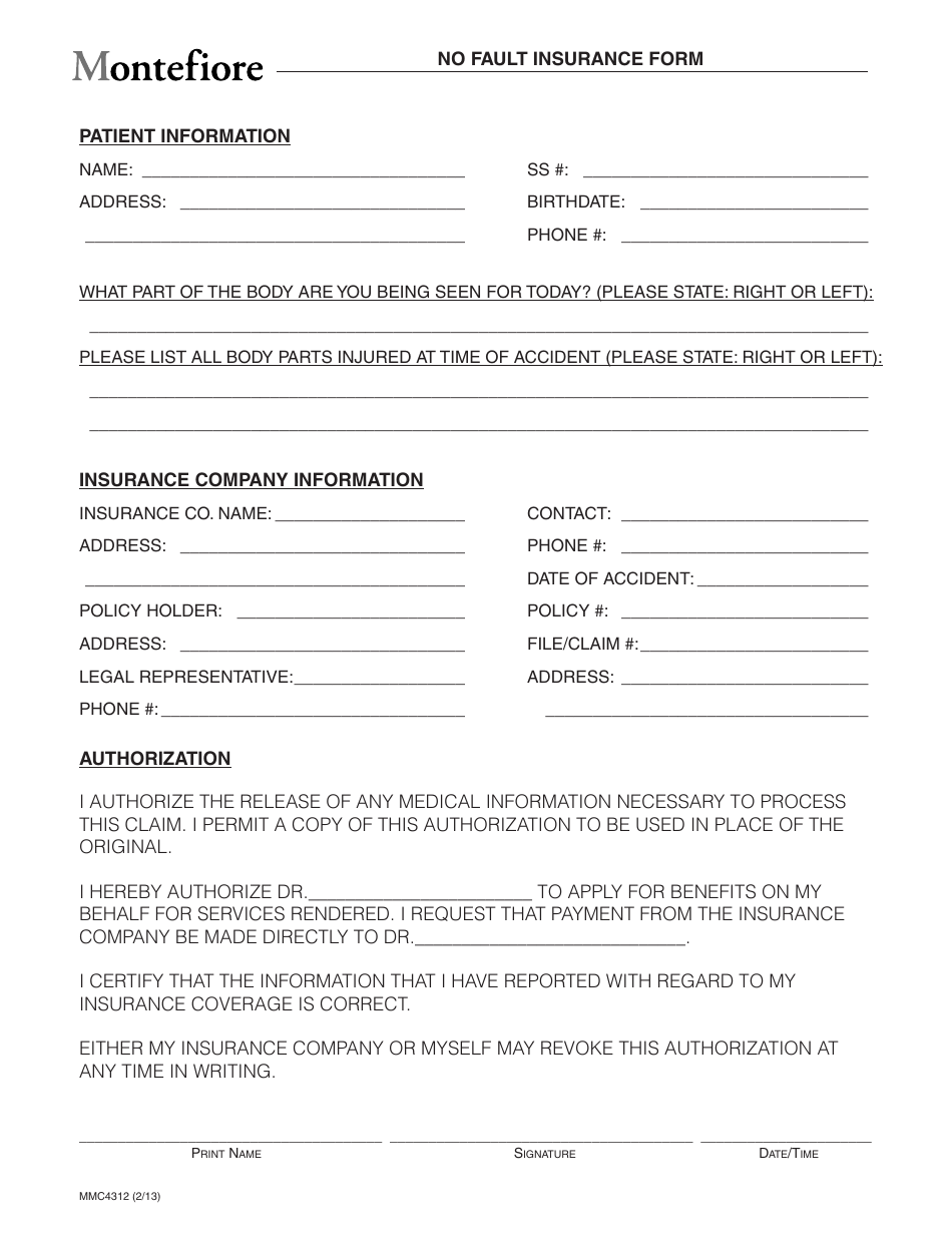 Form MMC4312 No Fault Insurance Form - Montefiore - New York City, Page 1