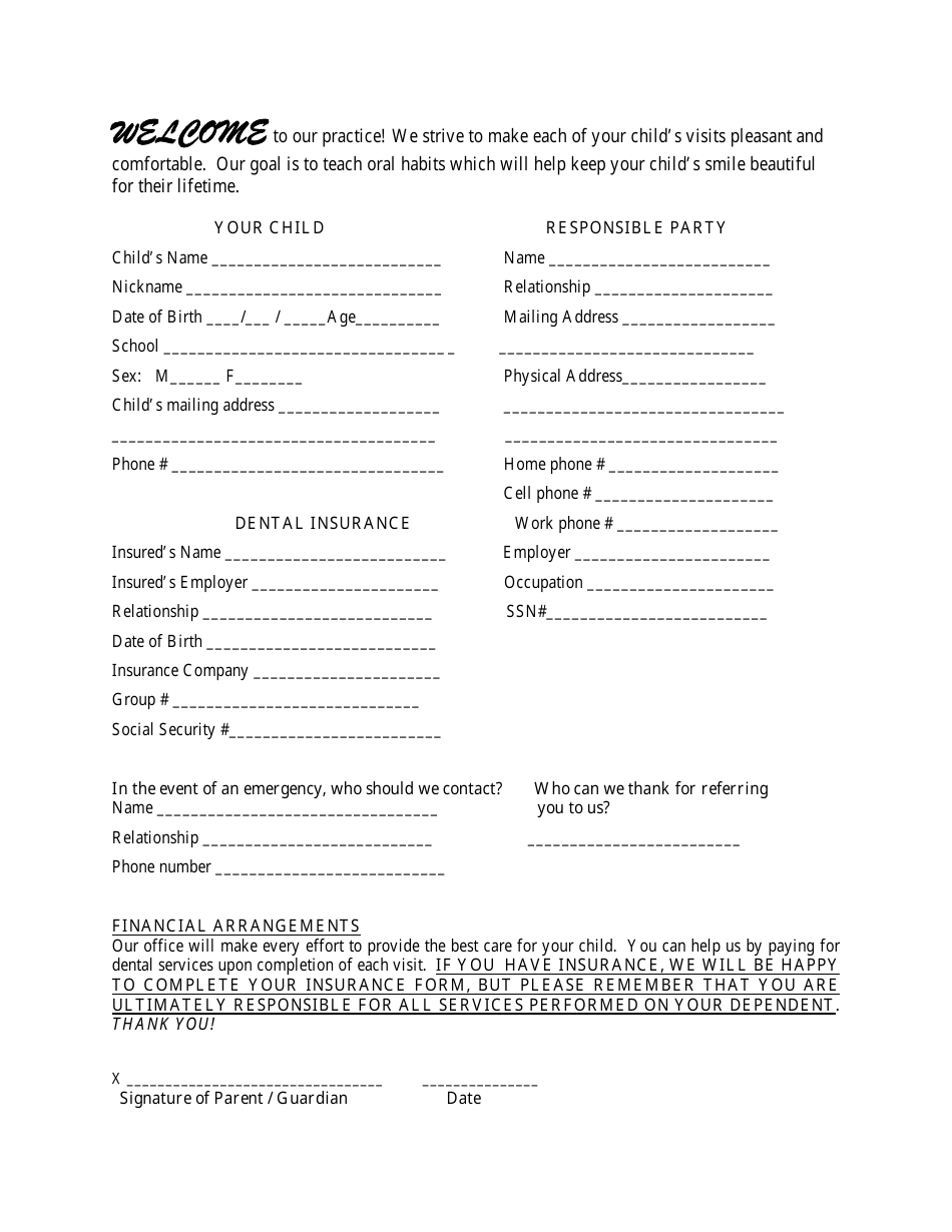 Dental Patient Intake Form, Page 1