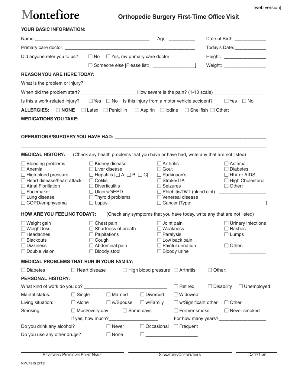Orthopedic Surgery First-Time Office Visit Form - Montefiore, Page 1