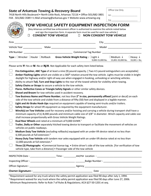 Tow Vehicle Safety Equipment Inspection Form - Arkansas