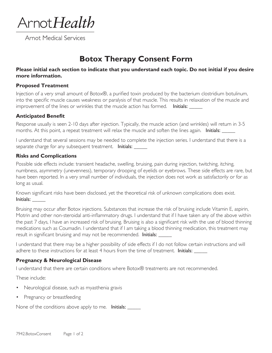 Botox Therapy Consent Form - Arnot Health, Page 1
