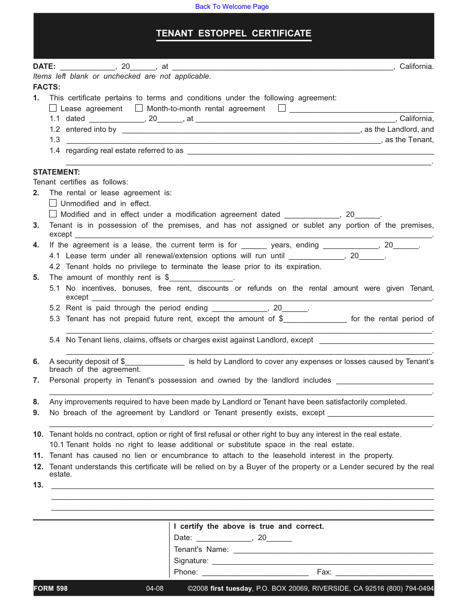 Tenant Estoppel Certificate Form - First Tuesday - California, Page 1