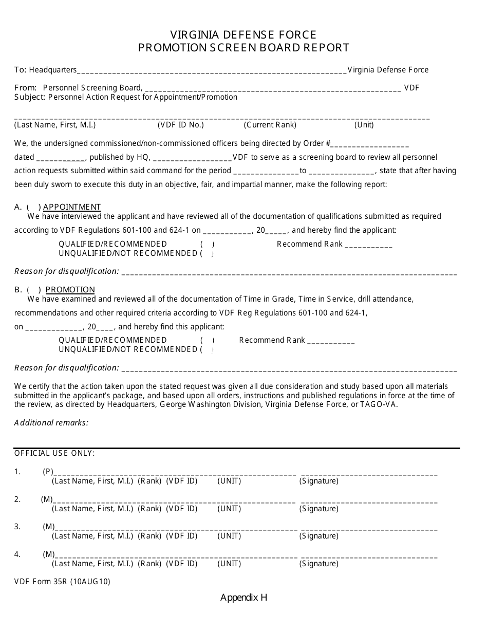 VDF Form 35R Appendix H Virginia Defense Force Promotion Screen Board Report - Virginia, Page 1