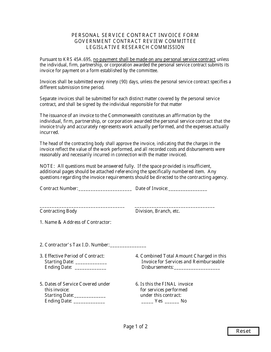 Personal Service Contract Invoice Form - Kentucky, Page 1