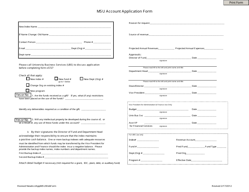 Account Application Form - Msu, Page 1