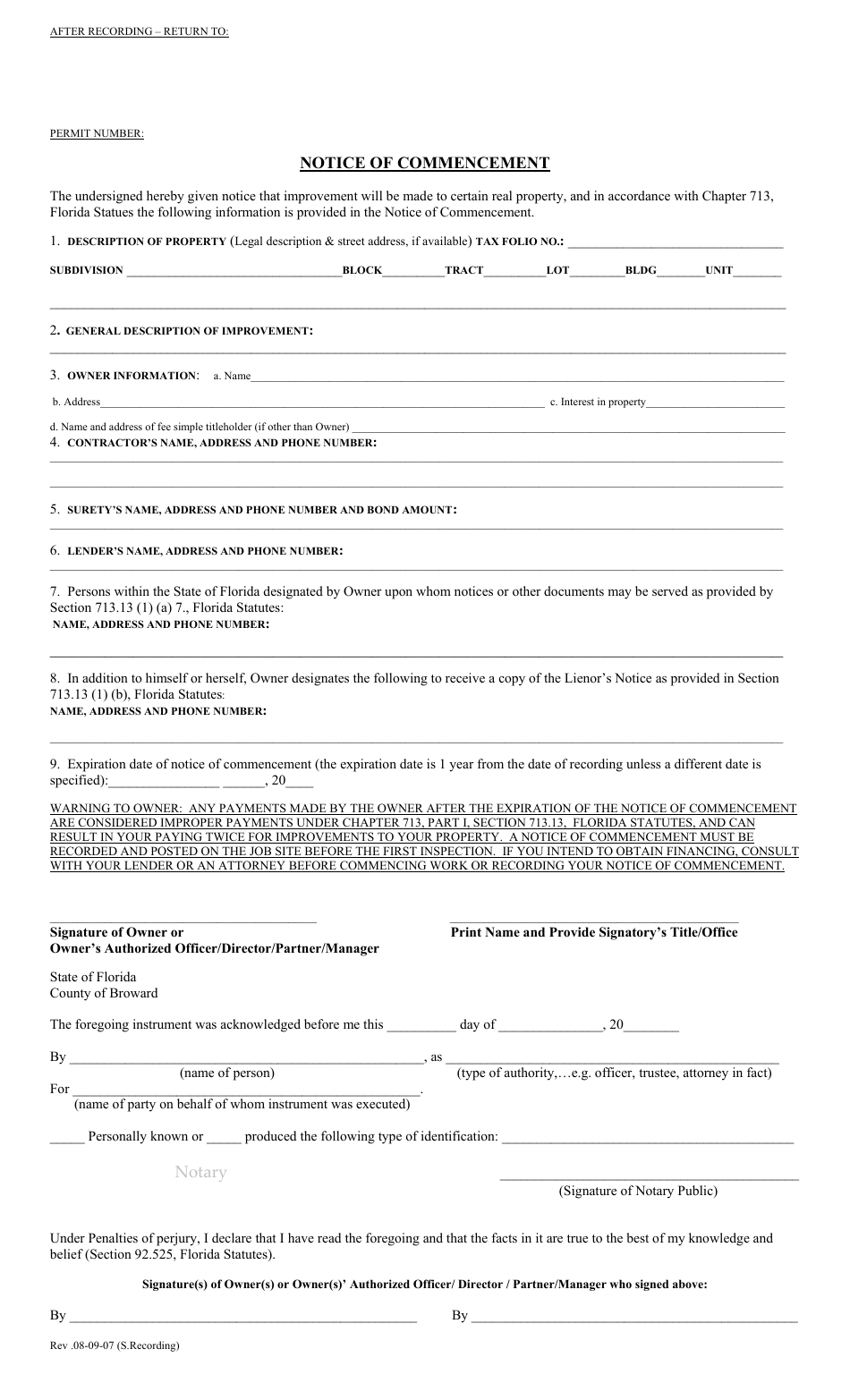 Notice of Commencement Form - Nine Points - Florida, Page 1
