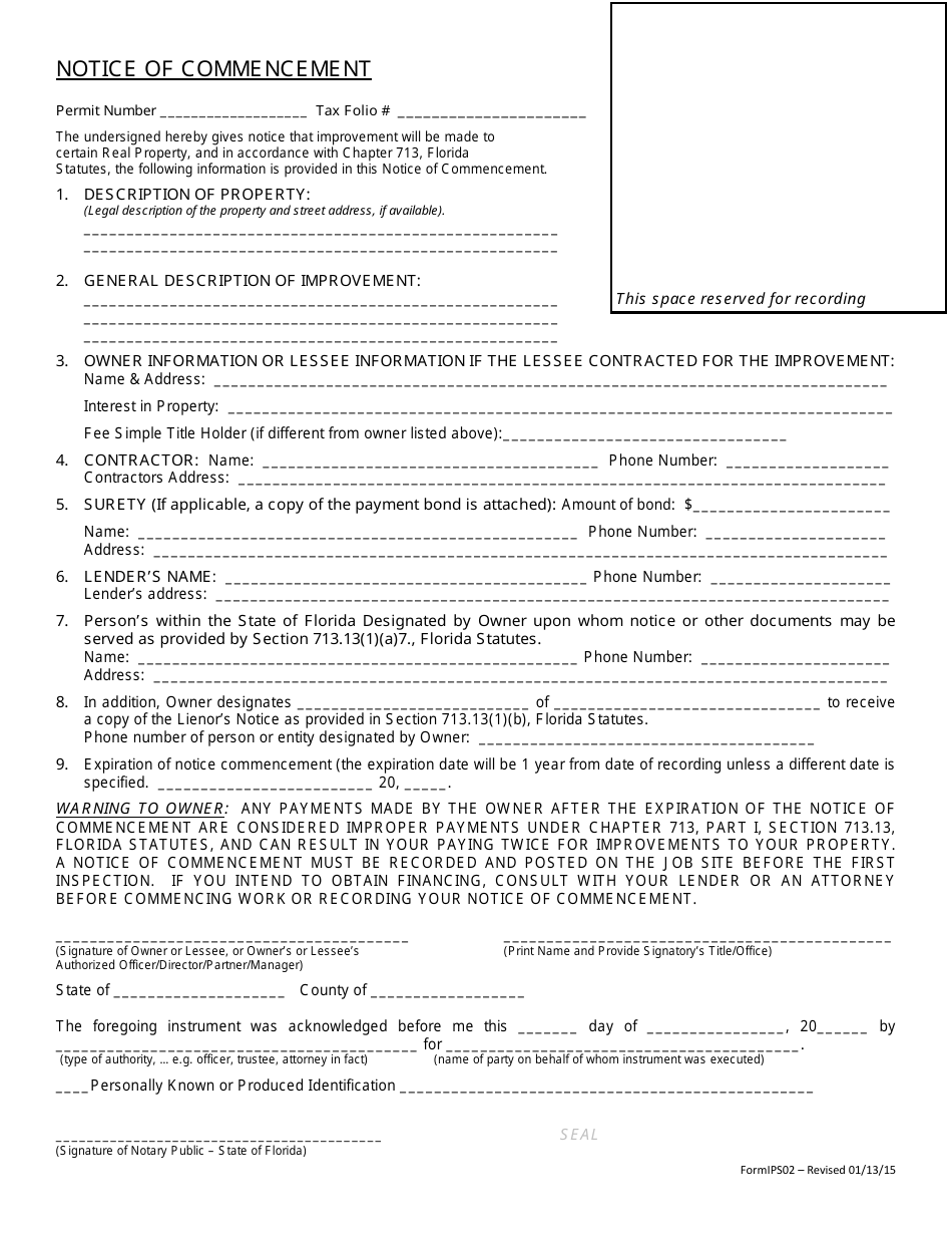 Form IPS02 Notice of Commencement Form - Sarasota County, Florida, Page 1