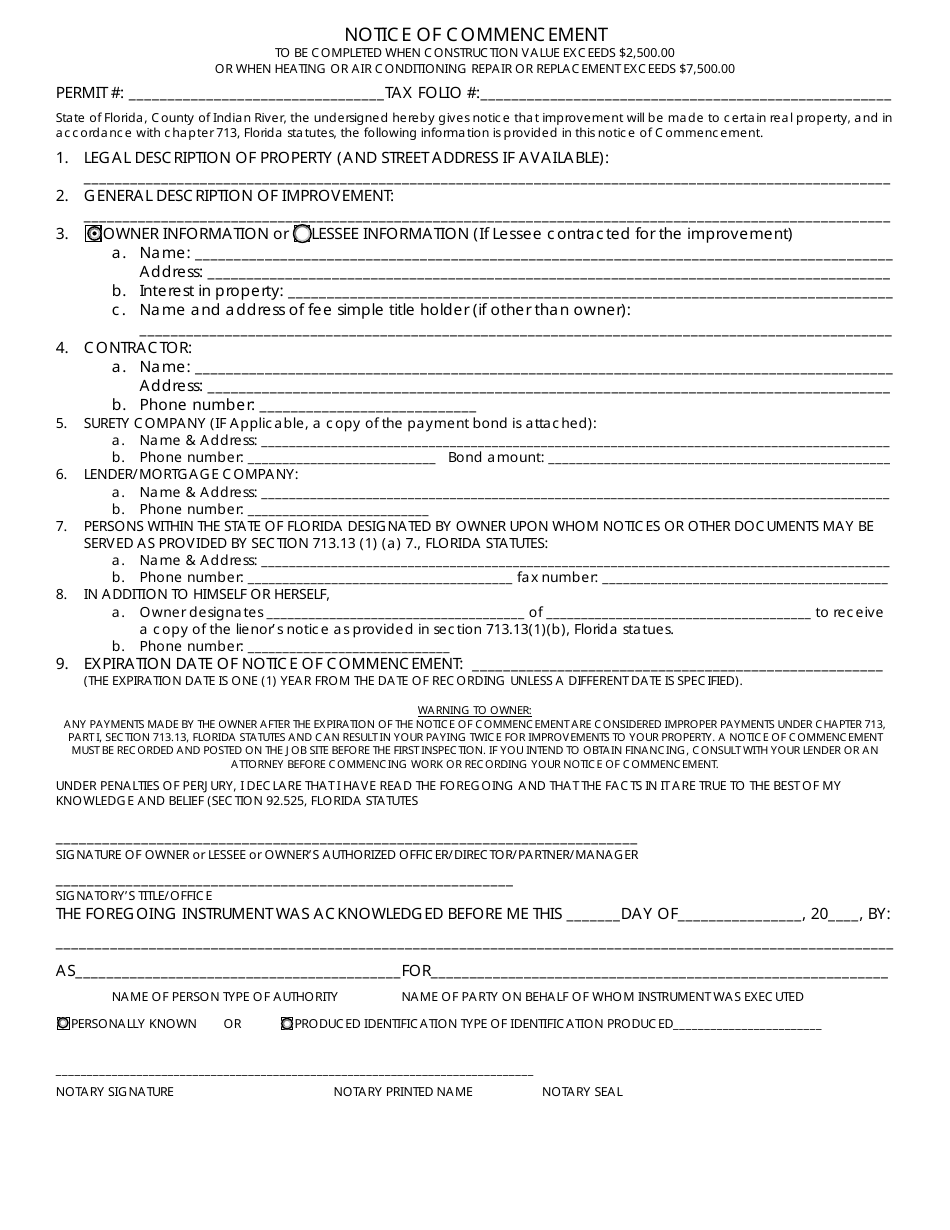Notice of Commencement Form - Lines - Florida, Page 1