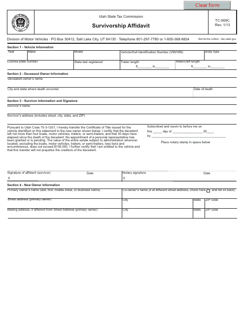 Form TC-569C Survivorship Affidavit - Utah